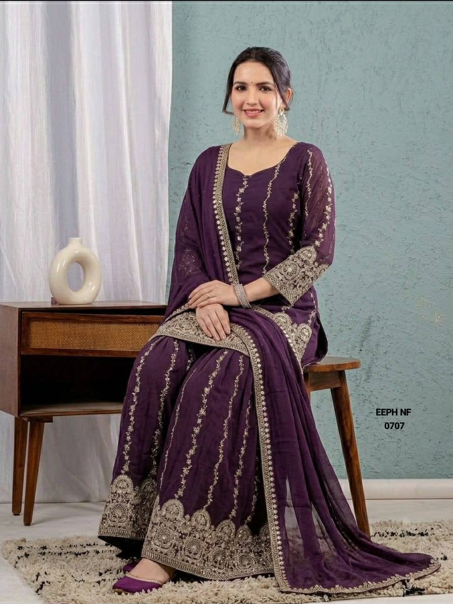 Faux Georgette Embroidered Sharara Suit Set.